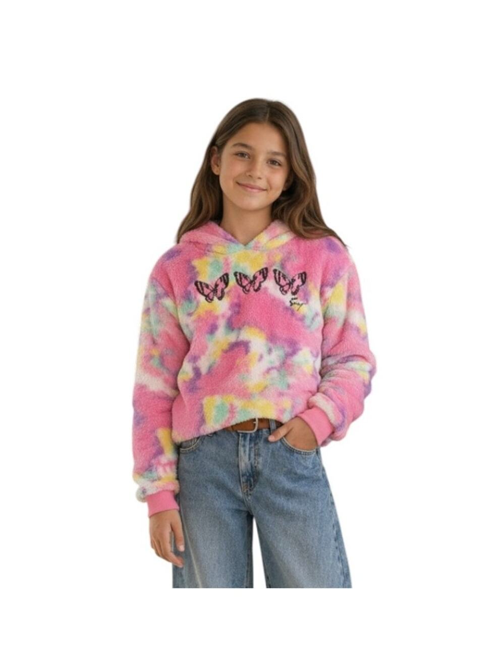 Betsey Johnson Girl's Pink Hoodie Tie Dye Faux Fur Fleece  Size M